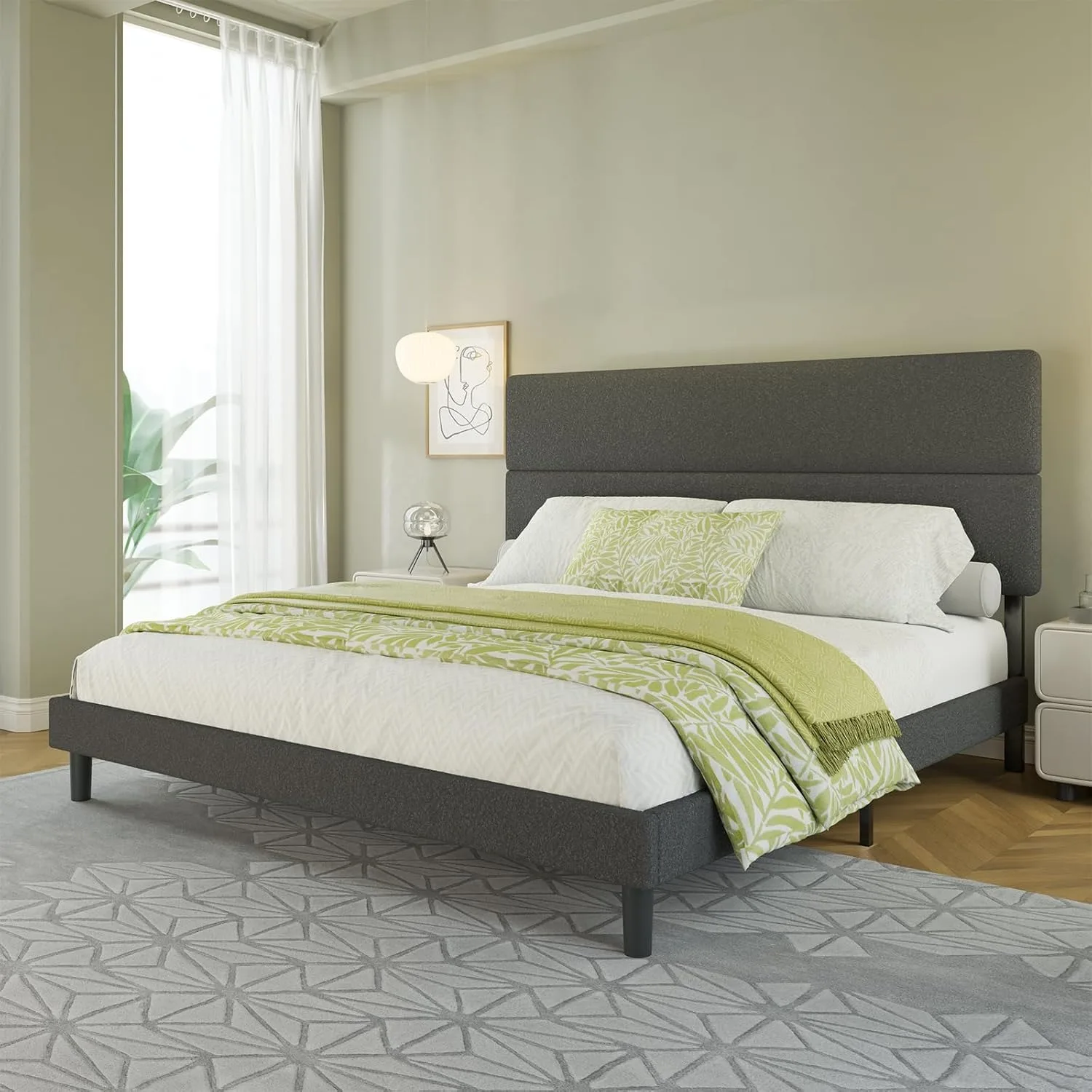 King Size Upholstered Bed Frame, Platform Bed with 47.3