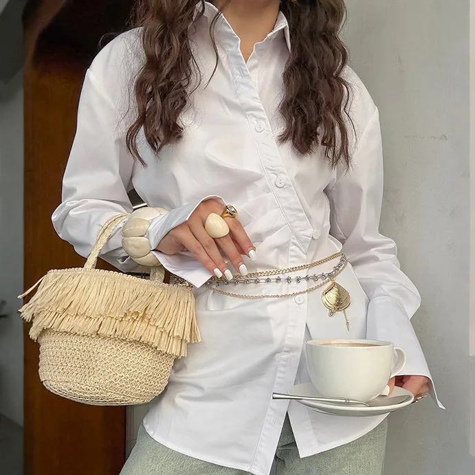 

2025 Spring And Autumn Cotton Women's Shirt Fashion Slim Fit Waist Hem Slit Shirt Lapel Long Sleeve Office Lady Shirts Tops