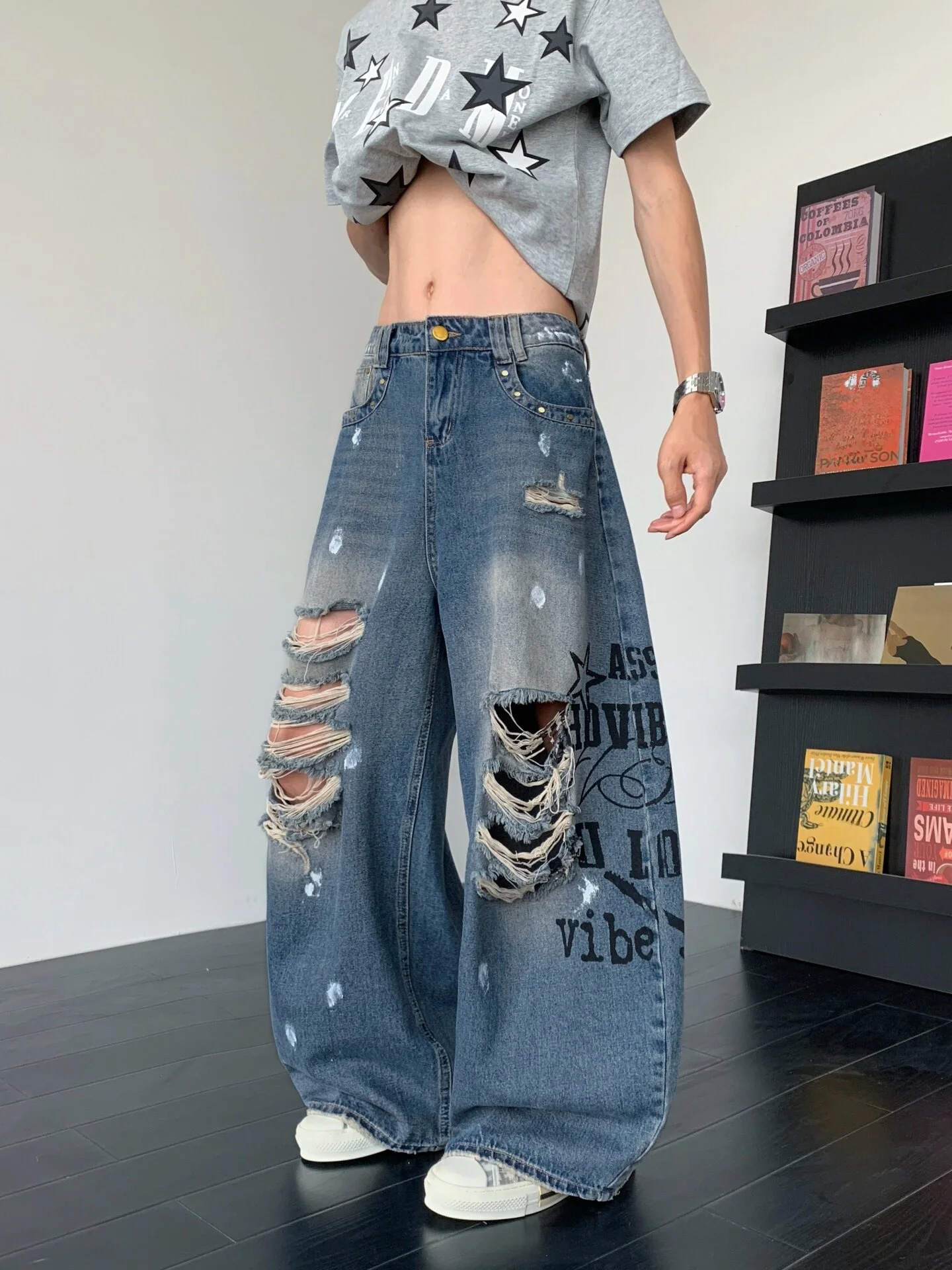 

American Style Faded Ink Split Hole Jeans Men's High Street Loose Slimming Baggy Wide Leg Floor-Length Pants