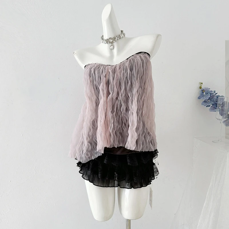 Two 2 Piece Skirt Tops Sets Women Sexy Party Strapless Tube Tops Ruffles Lace Mini Skirt with Shorts Evening Bandage Mesh Tops