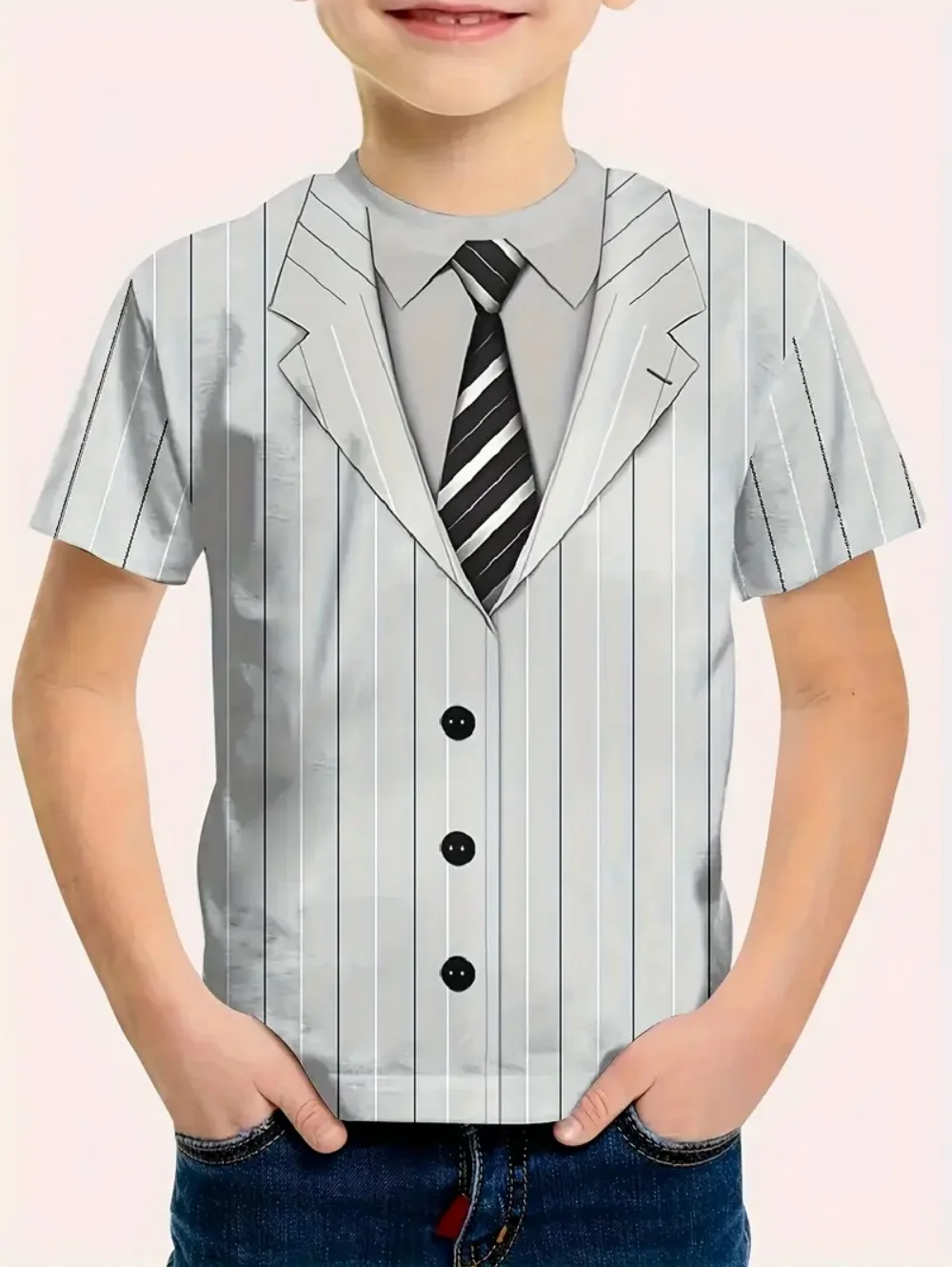 تي شيرت للأولاد بدلة وهمية مضحكة ثلاثية الأبعاد طباعة الصبي سهرة التعادل نمط بلايز الصيف Harajuku فضفاض الاطفال قصيرة الأكمام الجولة الرقبة تيز #2