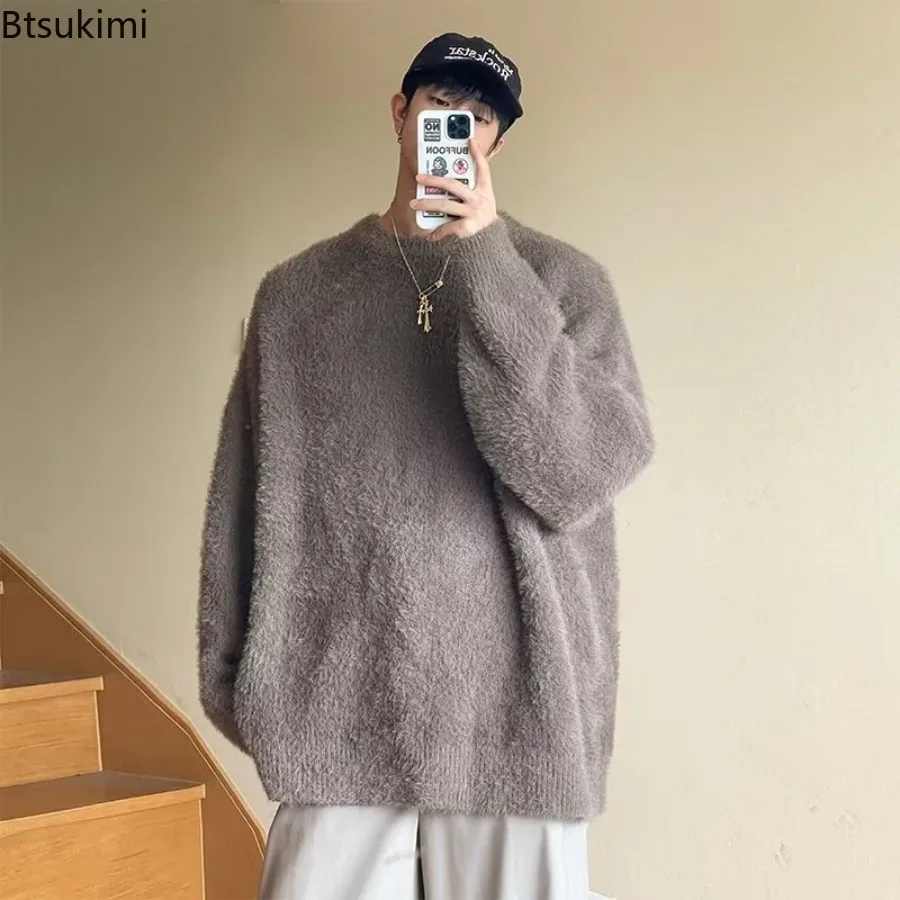 Winter Men's Solid Fluffy Knitted Sweaters New Korean Fashion Loose Warm Pullovers Winter Couples Y2K Vintage Knitwear Jumpers