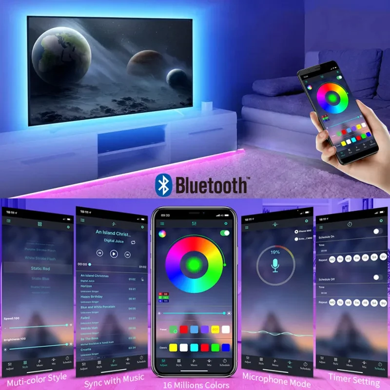 Tira de Luces LED RGB USB 5V, Flexible, con Bluetooth, Sincronización con Música por Aplicación, para Retroiluminación de TV, Decoración del Hogar y Fiestas
