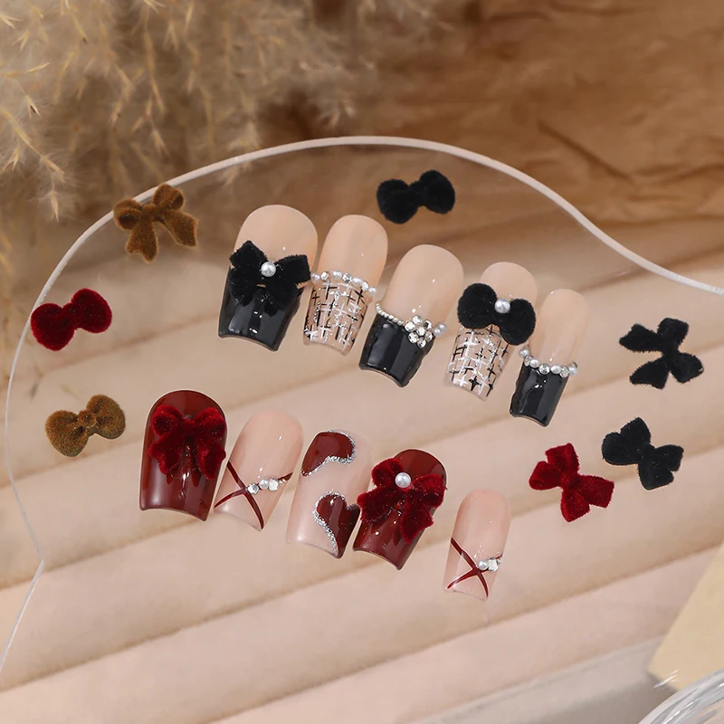 20PCS Cute Creative Flocking Nail Art Charms Accessories DIY Bow Design For Winter Nail Decoration Design Supplies Tool