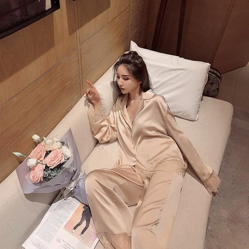 Pijamas Women Silk Nightgown Spring Autumn Long Sleeve Trousers Sexy Lace Sleepwear V-neck Loose Casual Simple Thin Pajama Sets