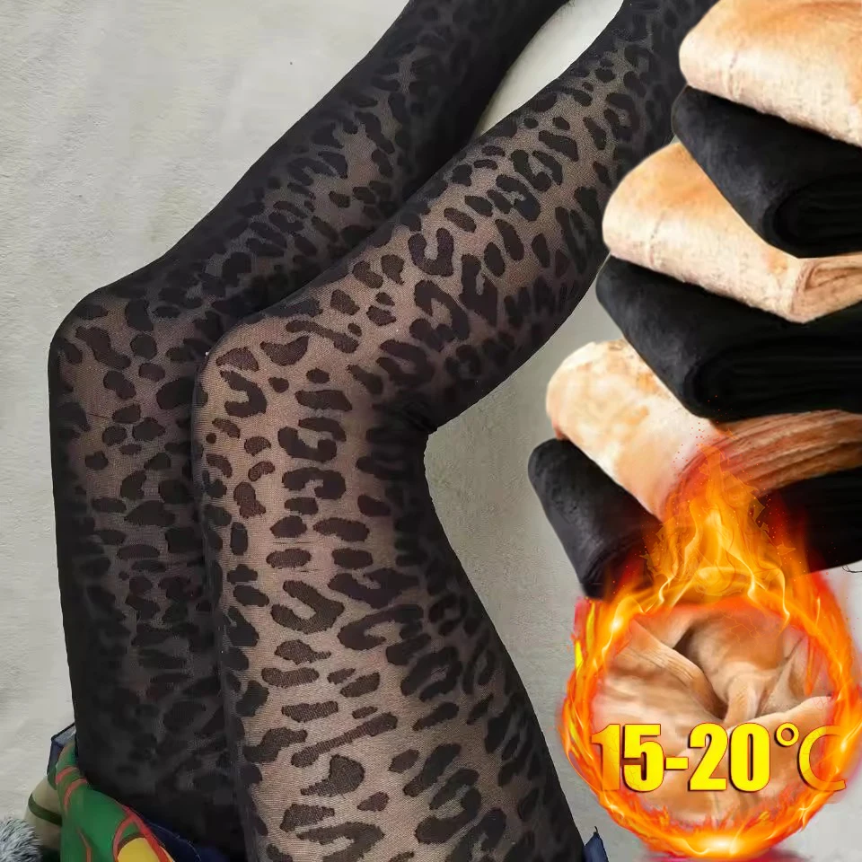 

L/XL/XXL Winter Warm Fleece Lined Tights for Women Winter Leopard Thermal Sexy Tights Wool Fake Translucent Pantyhose Stockings