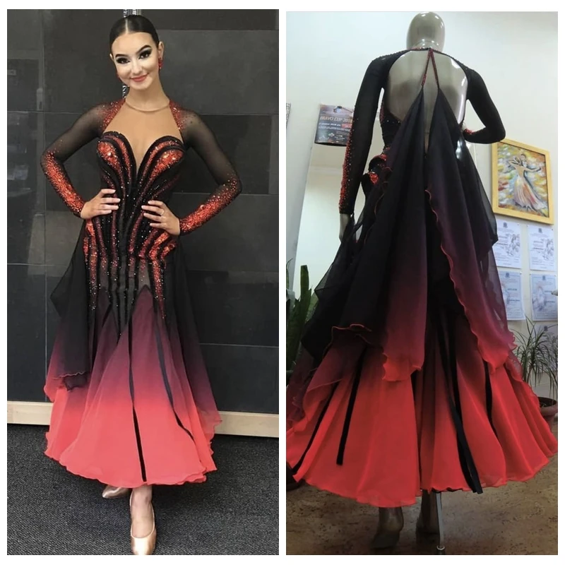 2023 New Standard Ballroom Dance Dress Women Girls Competition Costume  Lycra Waltz Stage ostrich feather Sleeve black