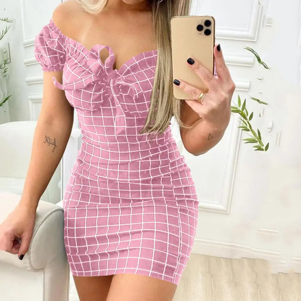 Korean Fashion Plaid Print Lace Up Mini Dress Summer Dress Sexy Package Buttocks Short Skirt Of Cross Border Grid Print Dress