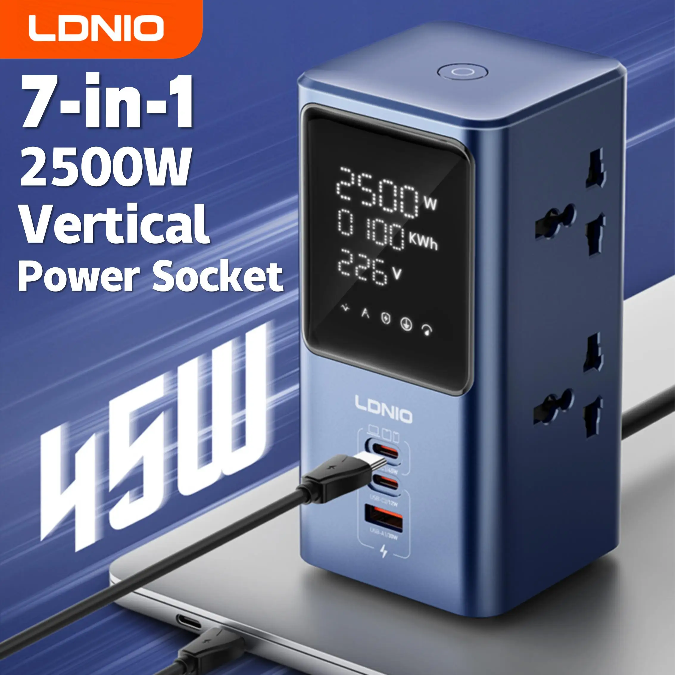 LDNIO Vertical Universal Socket Tower Power Strip Multi Outlets with 45W PD USB C Fast Charging Stations Extension Cable LED