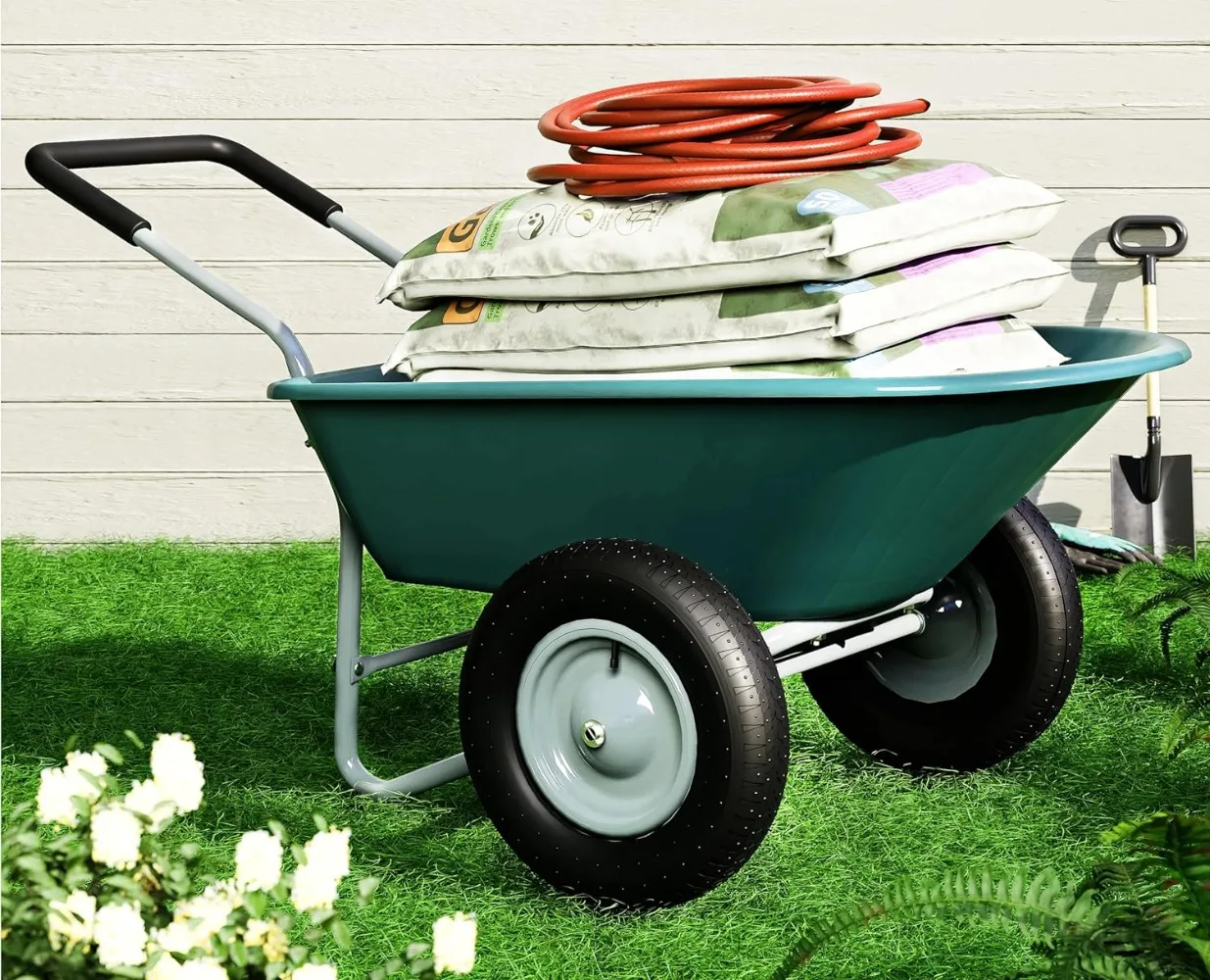 

2 Wheel Wheelbarrow, 330 Pounds Capacity Yard Cart with Padded Handlebar, 14 Inch Pneumatic Tires for High Stability