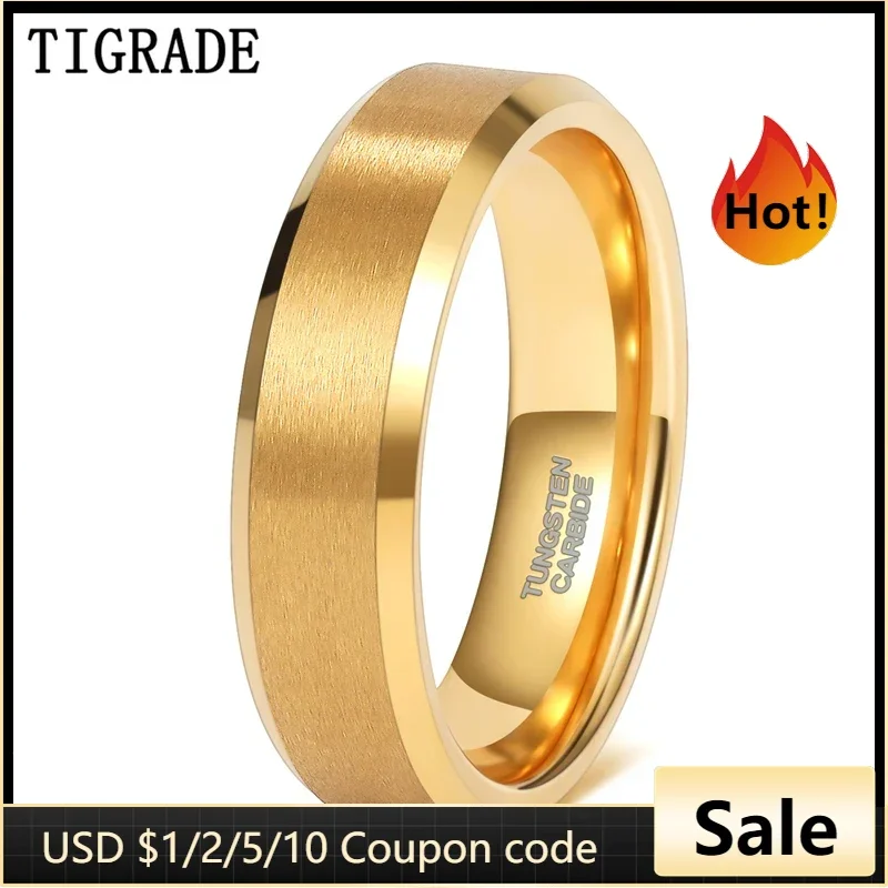 Tigrade Gold Plated Wedding Ring for Women 2/4/6/8mm Wide Brushed Tungsten Mens ring Luxury Anniversary Jewelry for Couple Gift