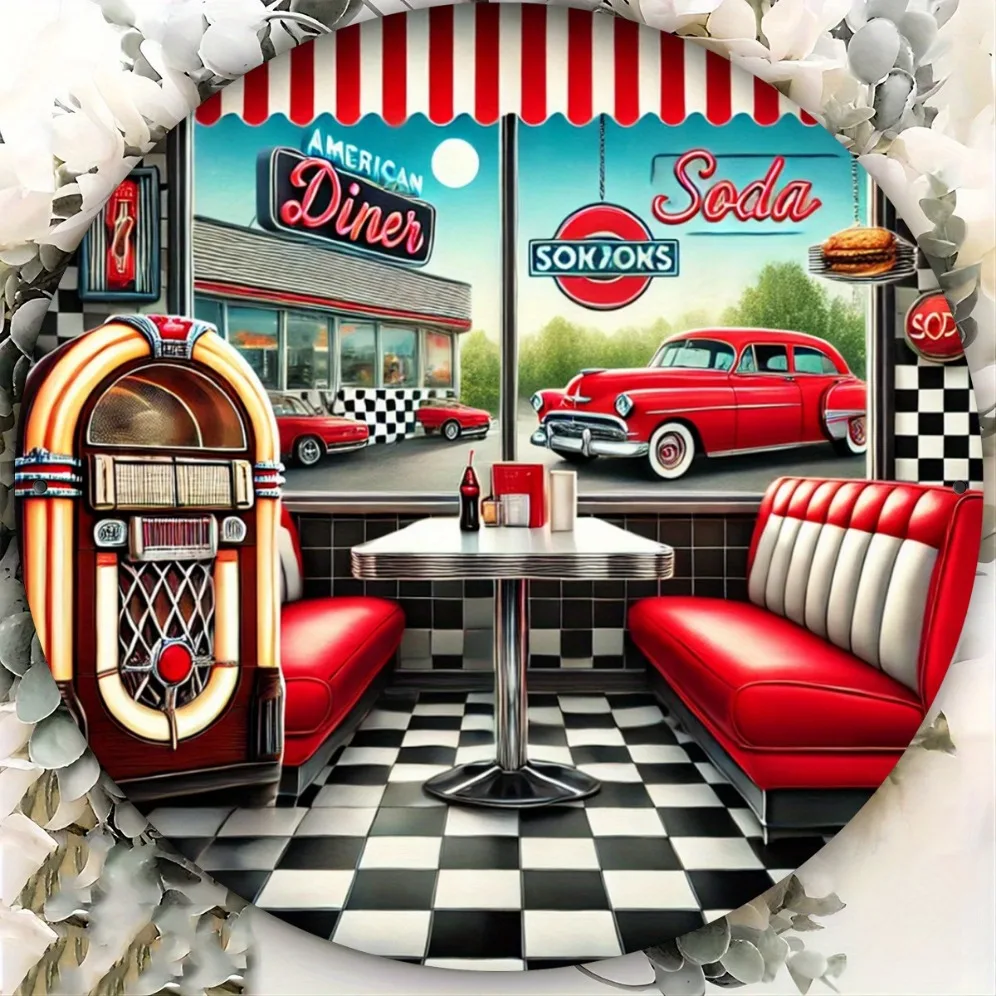 American Diner - Letrero redondo de metal, arte de pared, regalo ideal para hombres, mujeres, amigos - Decoración del hogar para entrada, porche