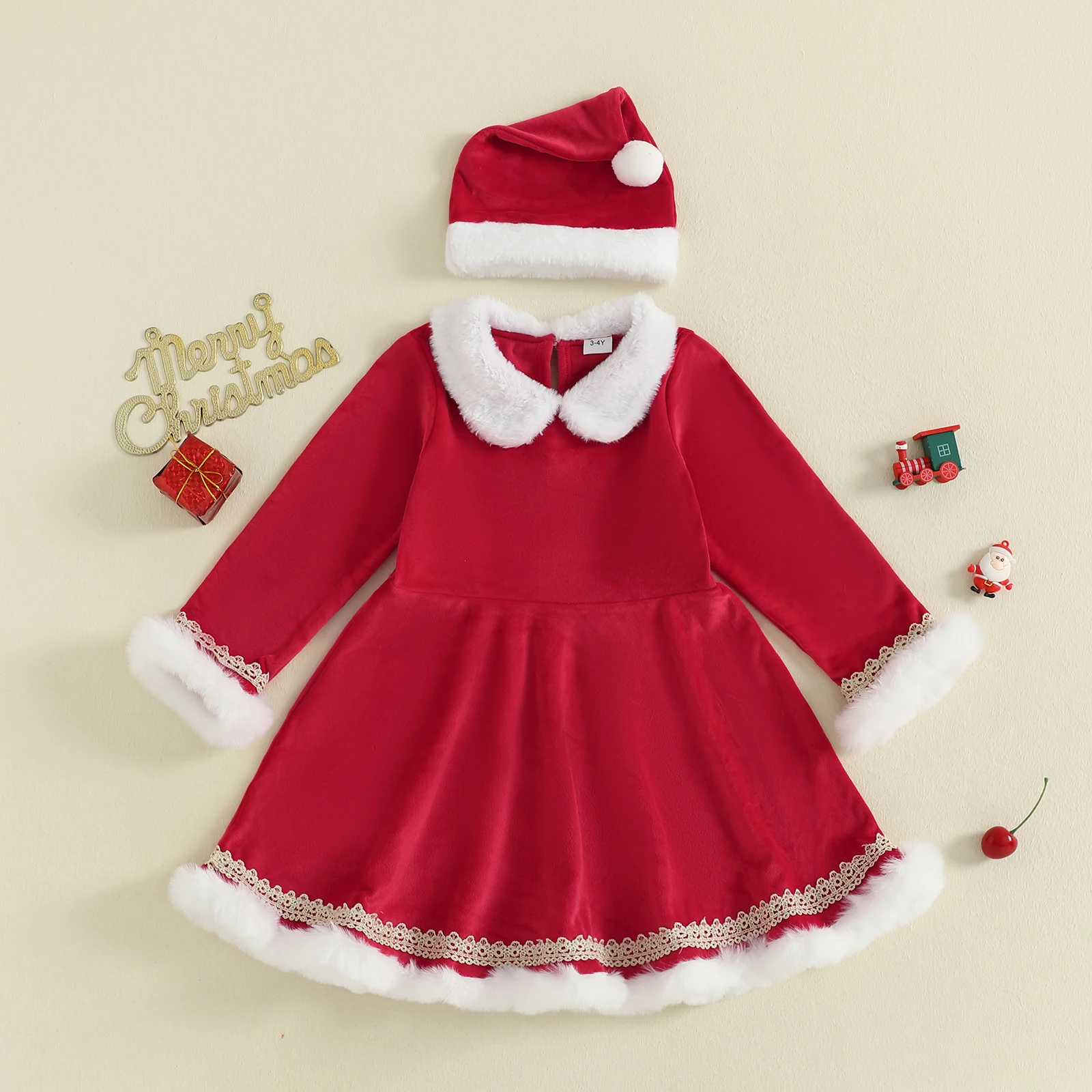 

Toddler Baby Girls Christmas Dress Contrast Color Fur Trim Doll Collar Long Sleeve Velvet Dress with Hat Two Pieces Sets