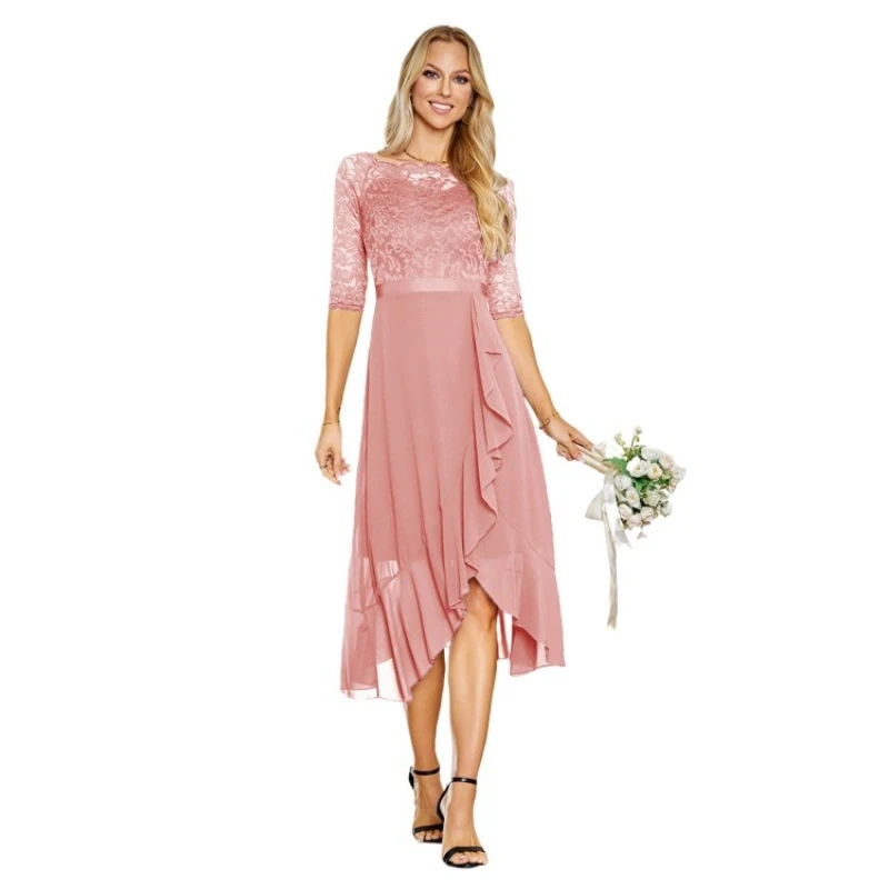 

Round Neck Half Sleeves Lace Chiffon Ruffles Mid Length Cocktail Party Bridesmaid Dress
