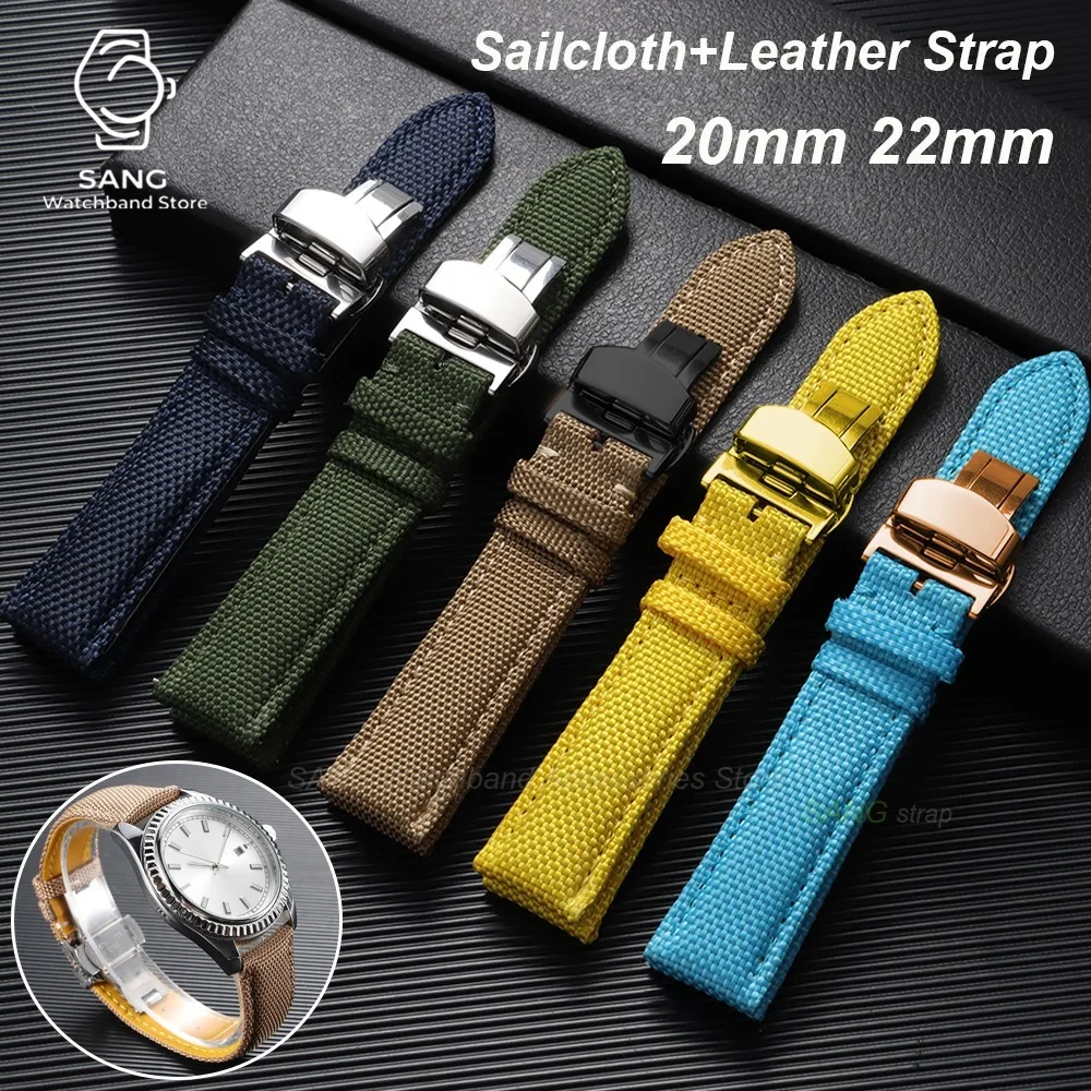 20/22mm Universal Watchbands Butterfly Clasp for Seiko for Omega for Omega Sailcloth Leather Strap Green Blue Black Red Bracelet