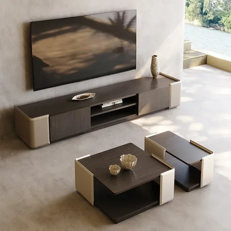X Solid wood coffee table light luxury saddle leather tea table minimalist living room tea table TV cabinet combination