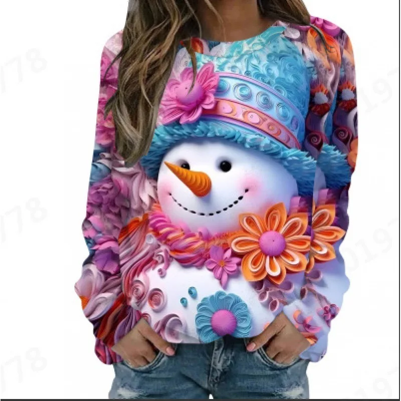 2024 Aliexpress Christmas Clothing, Christmas Snowman Hoodie, Women's Round Neck Hoodie, One Piece Hair Collection For WomenWA2