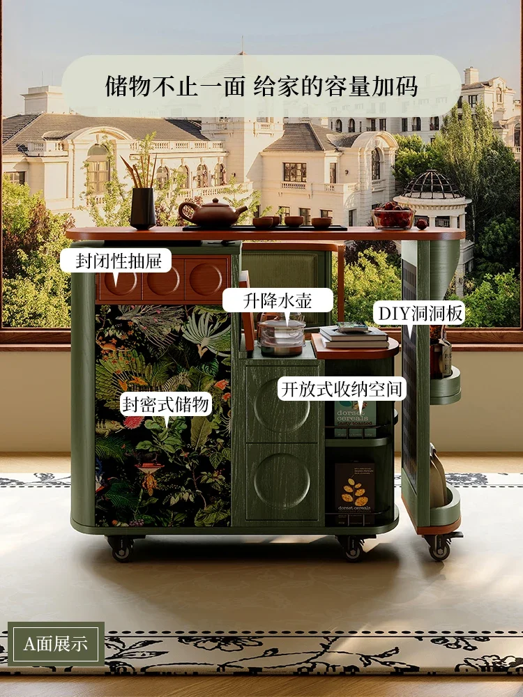 

yj32 French retro movable tea table medium and ancient style rotating solid wood mobile tea table universal wheel