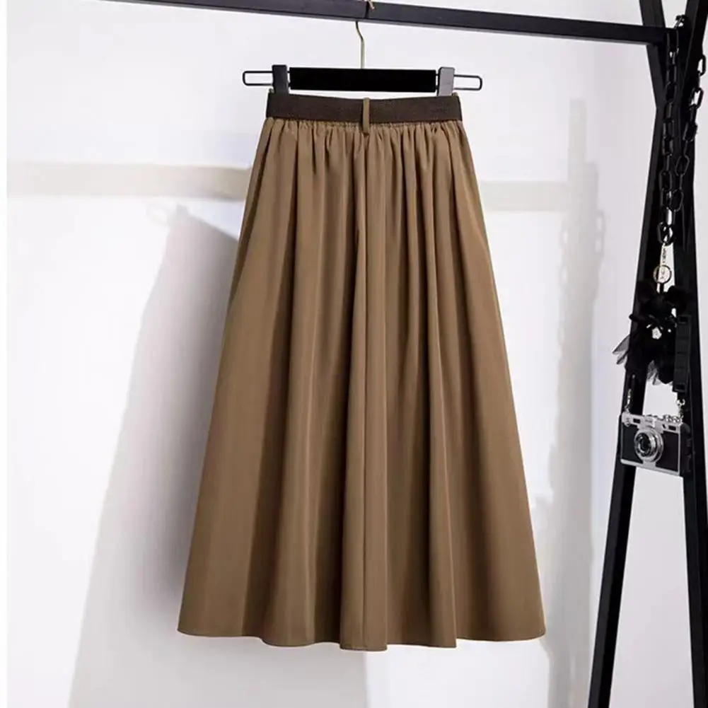 High Waist Women Skirt Elegant A-line Midi Skirt with Belt High Waist Design Soft Draped Hem Women's Solid Color Breathable