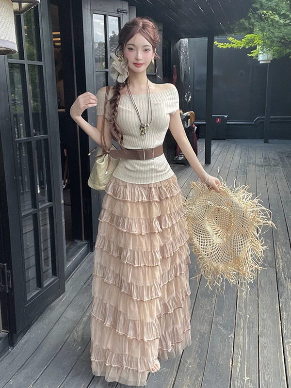 

Summer Chic Knitted One-Shoulder Puffy Skirt Set Women's Soft Style Slimming Holiday Two-Piece Set High Waist Anti-Wrinkle
