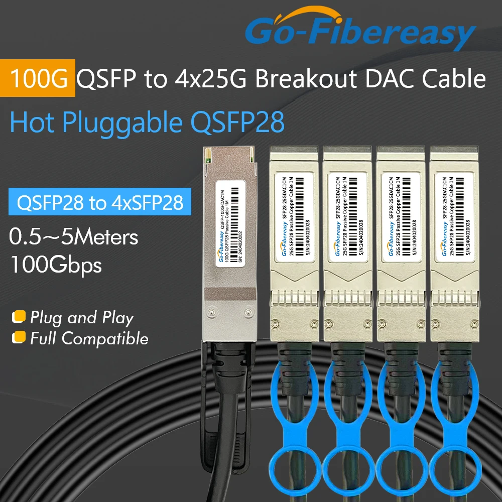 

Кабель DAC 100Gb QSFP28 to 4*25Gb SFP28 прямой медный кабель Twinax 0,5 m ~ 5M для оптоволокна Mikrotik,Mellanox