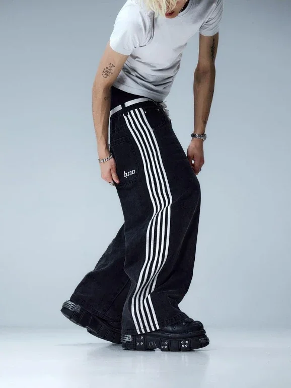 

Y2k Baggy Jeans Black Stripes New Hip Hop Embroidered Wide Leg Jeans for Men and Women High Street Retro Rock Fashion Streetwear