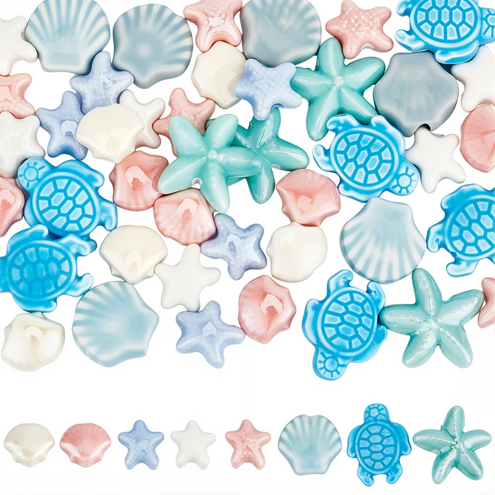 1 Box 56Pcs 8 Styles Ceramic Ocean Beads Porcelain Ceramic Beads Assorted Summer Hawaii Starfish Seashell Sea Turtle Spacers