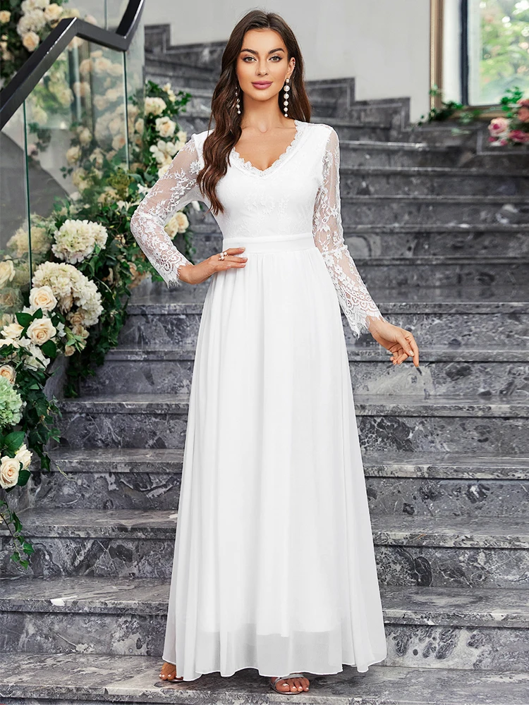 Ladies Elegant Floral Lace Panel White Dress A Line High Waist Large Swing Prom Dresses Women Evening Party Wedding Long Dresses