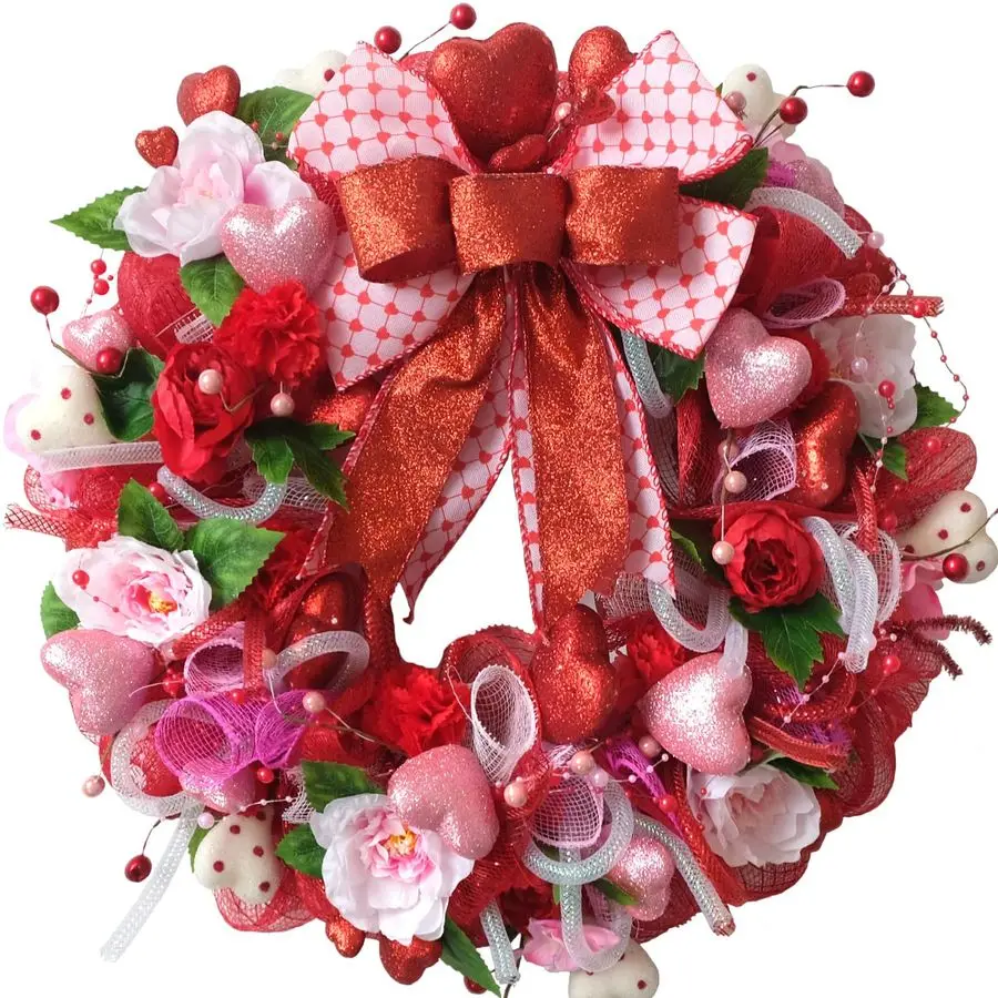 

18-дюймовый розово-красный сетчатый венок с 3D-бантом в форме сердца для украшения входной двери ко Дню святого Валентина