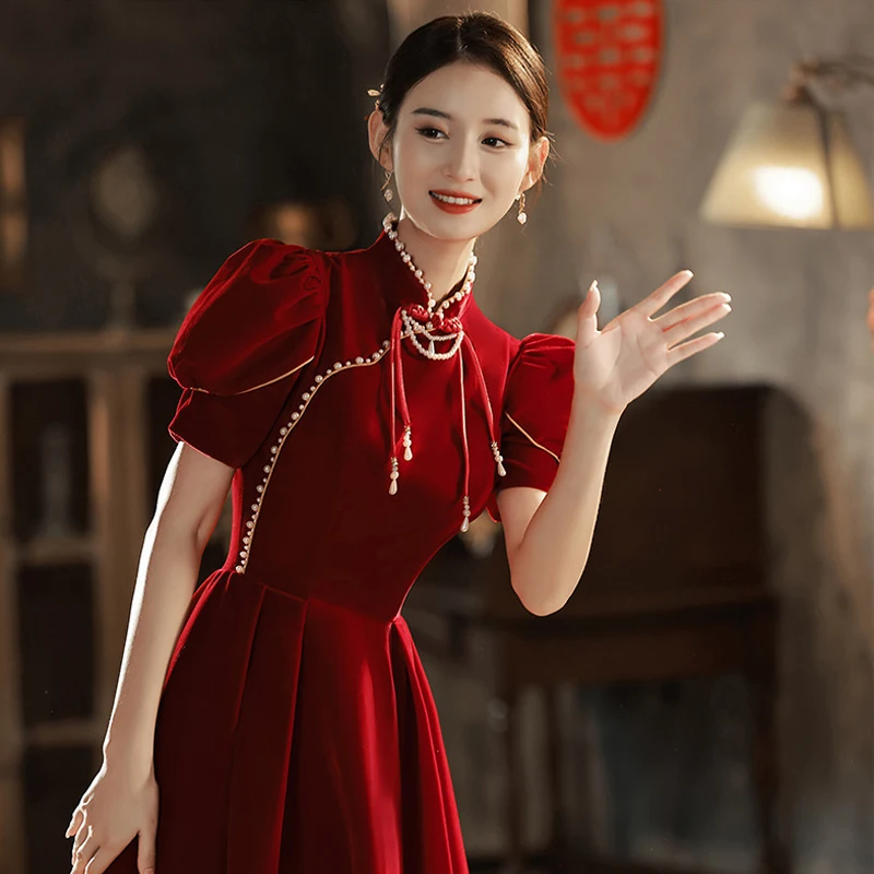 New Chinese Style Red Velvet Qipao Engagement Wedding Bridal Dress Traditional Mandarin Collar Cheongsam Oversize 3XL Vestidos