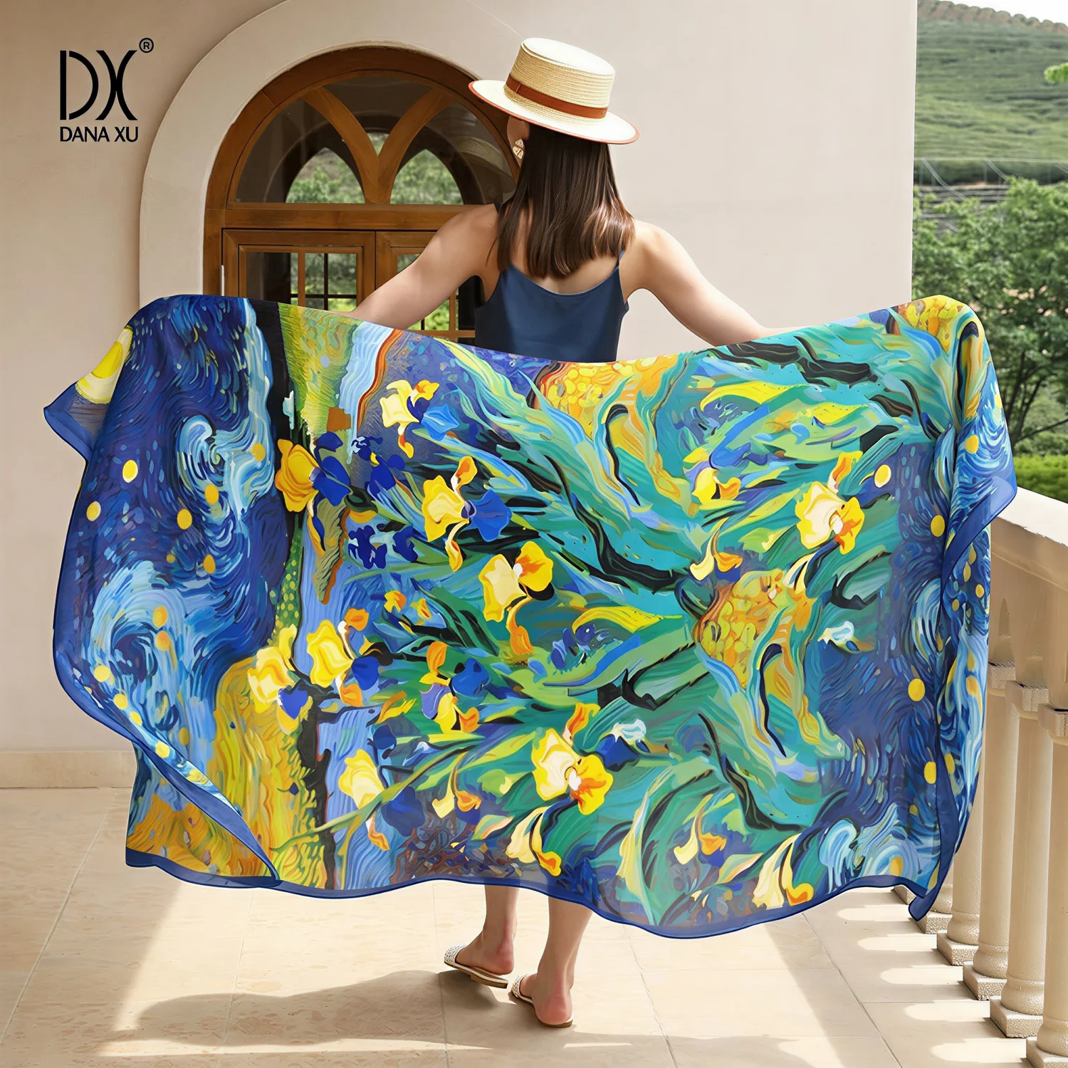 DANA XU 100% Mulberry Silk Scarf Women Starry Iris Oil Painting Large Satin Shawl Wrap Foulard Neck Wrap Beach Cover Up Gift For