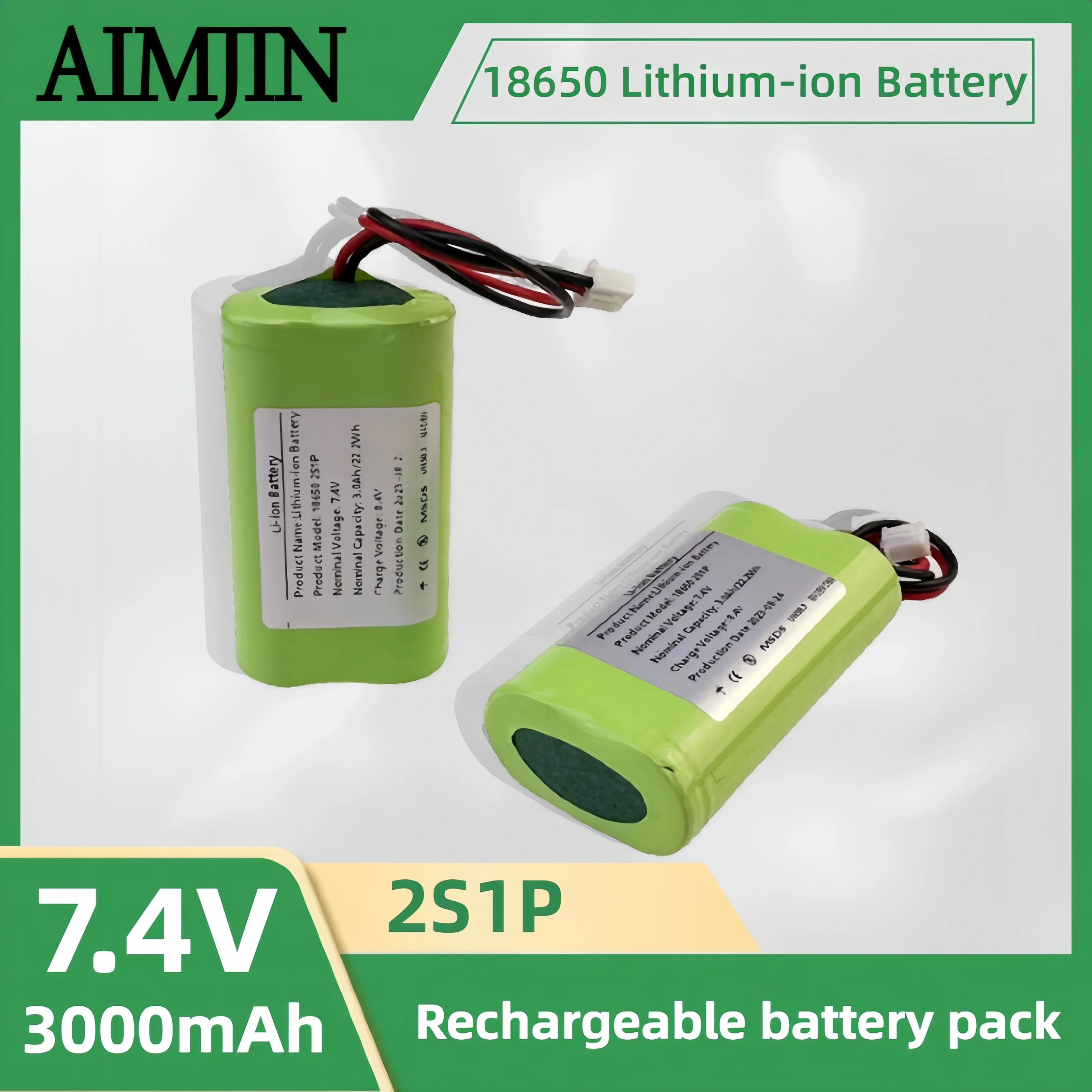 7.4V 3000mAh 18650 2S1P Lithium Ion Battery Pack XH2.54-2P Plug,Great for Projectors, Speakers, Wireless Monitoring