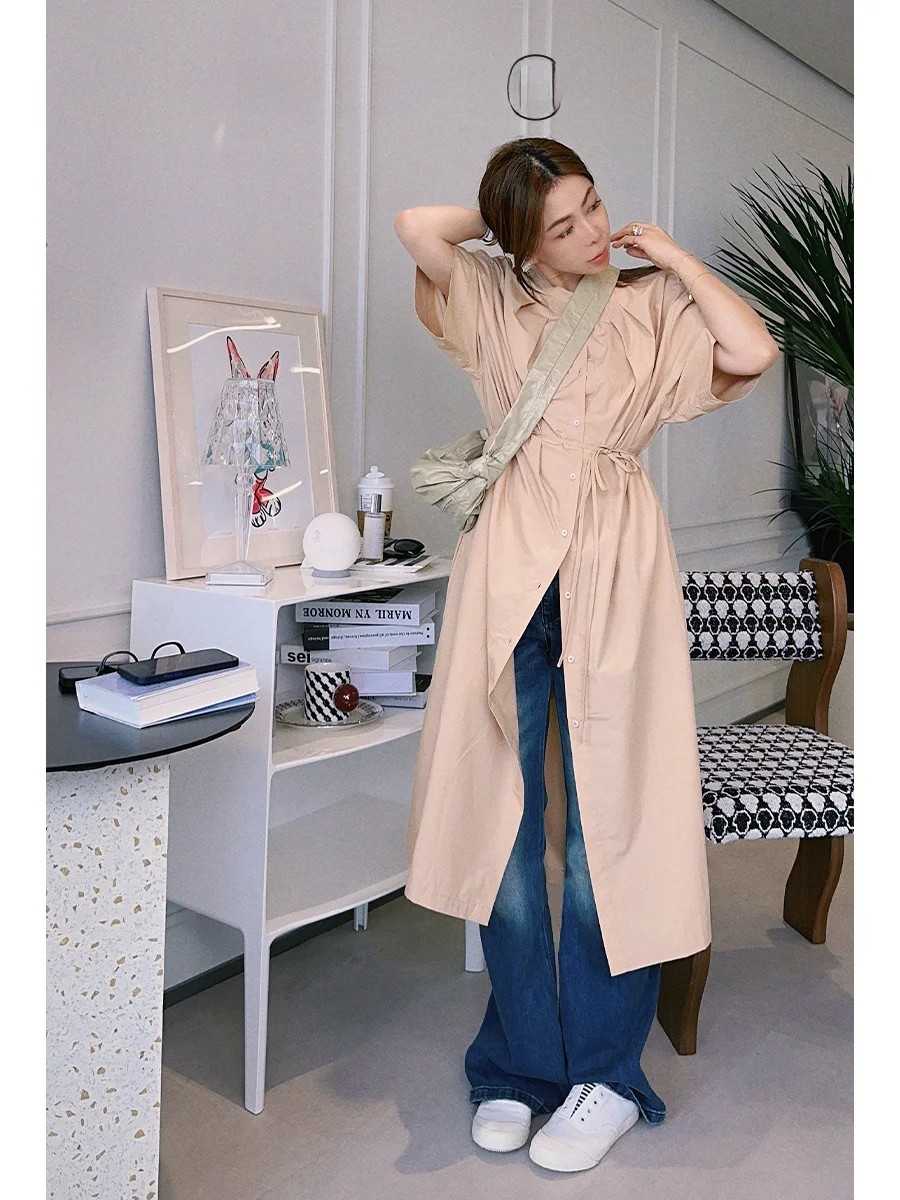 

Artistic Sle Pleated Dr by Tang Jialing Sister ye Wind Cotton Blend A-Line Skirt with Seven Quarter Sves