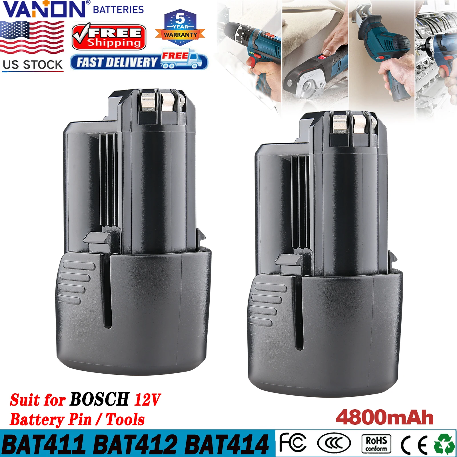 

VANON 2 Packs 4.8Ah Li-ion BAT411 Replace for Bosch 12V Battery Pin Compatible with Bosch GBA12V30 BAT420 BAT411 BAT412 BAT413