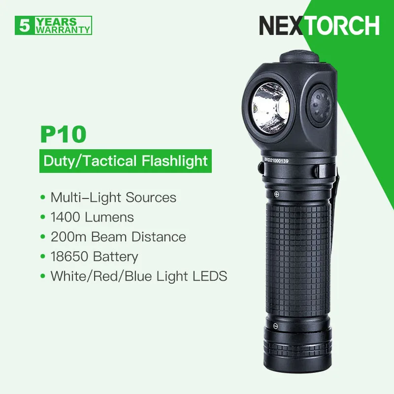 Nextorch P10 Right Angle Duty/Tactical Flashlight, White/Red/Blue LED Sources, 1400 Lumens, USB Direct Charging 18650 Battery