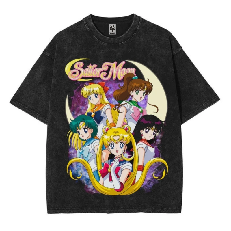 

Super Sailor Moon Crystal Washed Retro Men's T-Shirt Summer New Retro Fashion Men's and Women's Street Y2K Clothing T-Shirt