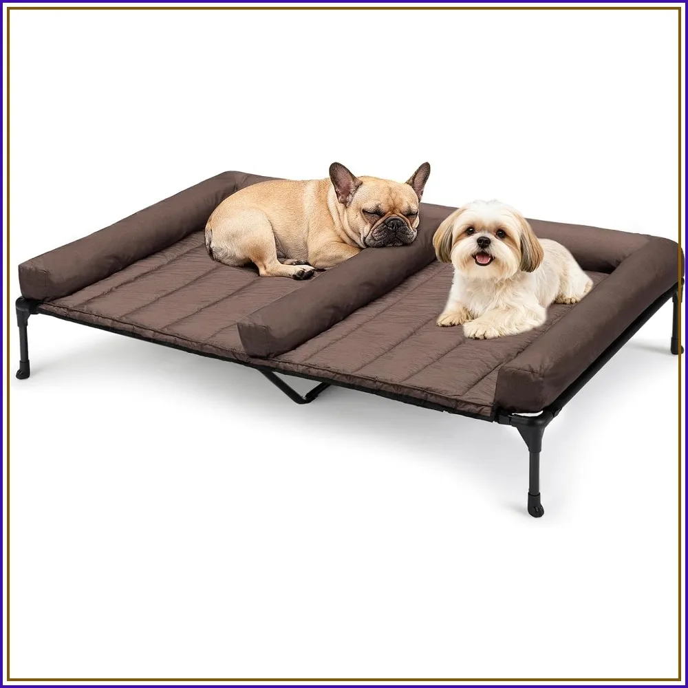 Elevated Dog Bed for 2 Dogs, Cooling Raised Dog Bed with Bolster Mat, Outdoor Double Dog Bed with Removable Waterproof Cushion, Breathable Mesh, Non-Slip Feet, 49", Brown