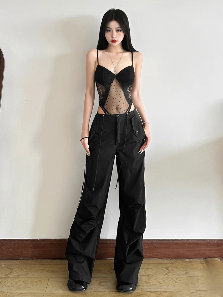 WEIRD PUSS Traje de baño sexy de lunares con empalme de encaje Ropa de discoteca ajustada para mujer Pantalones ortopédicos de cintura alta Tela de poliéster