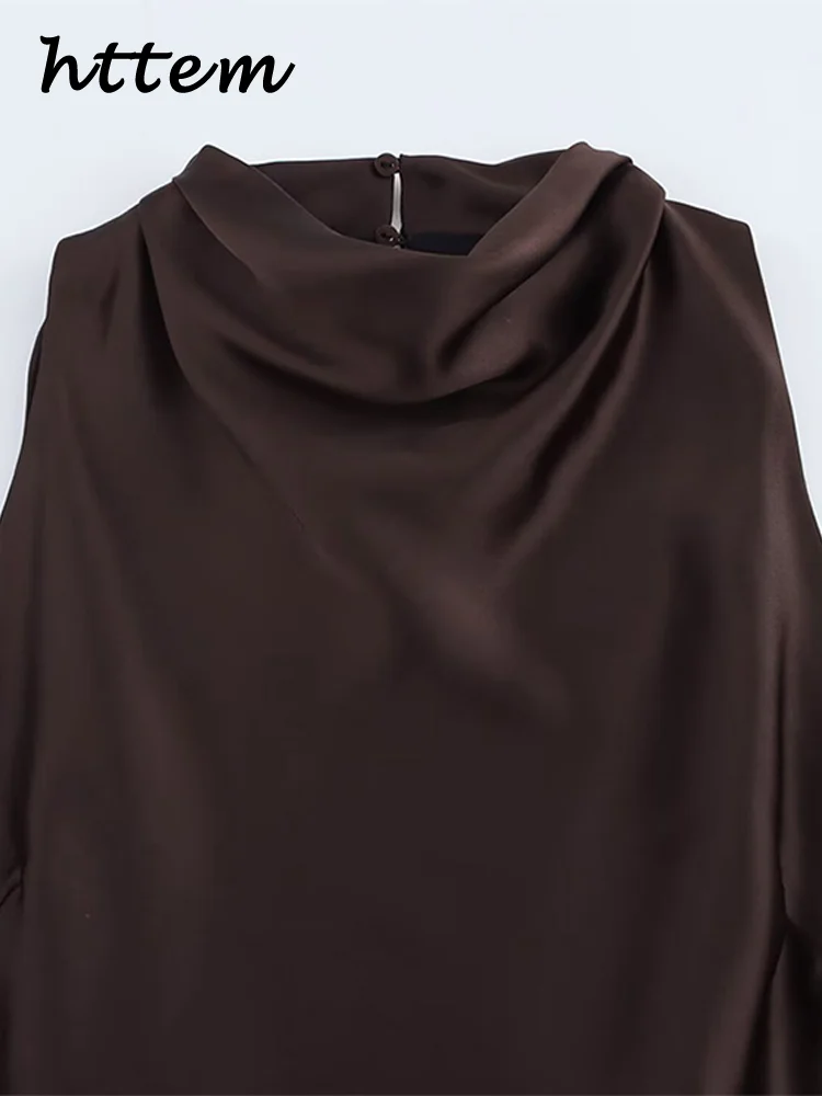 Elegante satijnen lange jurk met riem dames slanke coltrui mouwloze vrouwelijke feestjurken 2025, lente zomer dame woon-werkgewaden