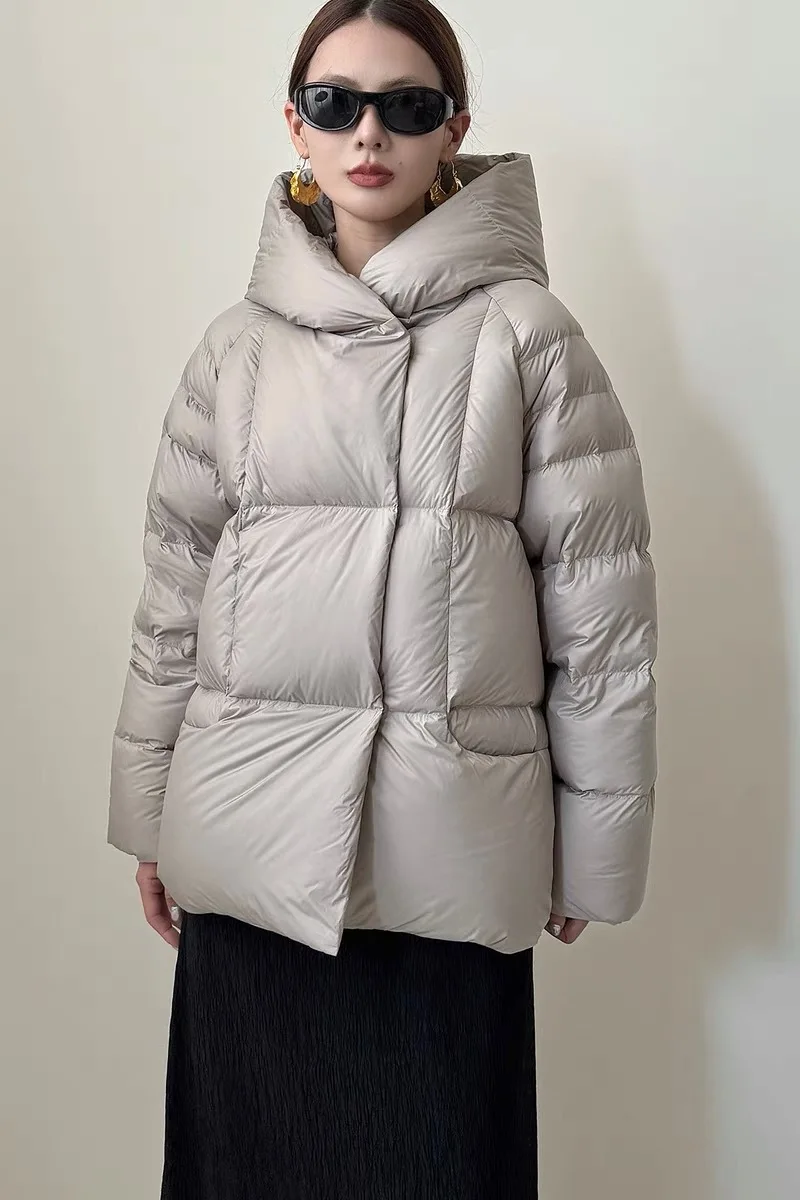 Chaqueta de plumón con capucha gruesa de invierno para mujer, prendas de vestir Parker de plumón de pato blanco cálido, Chaqueta de algodón acolchada con bolsillo sólido holgado para mujer
