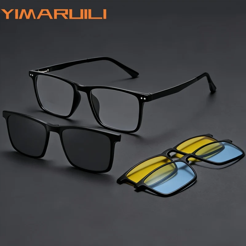 

YIMARUILI Men's and Women's Square Polarized Magnetic Clip Eyeglasses Frame Fashionable Retro Driving UV Protection Glasses 6202