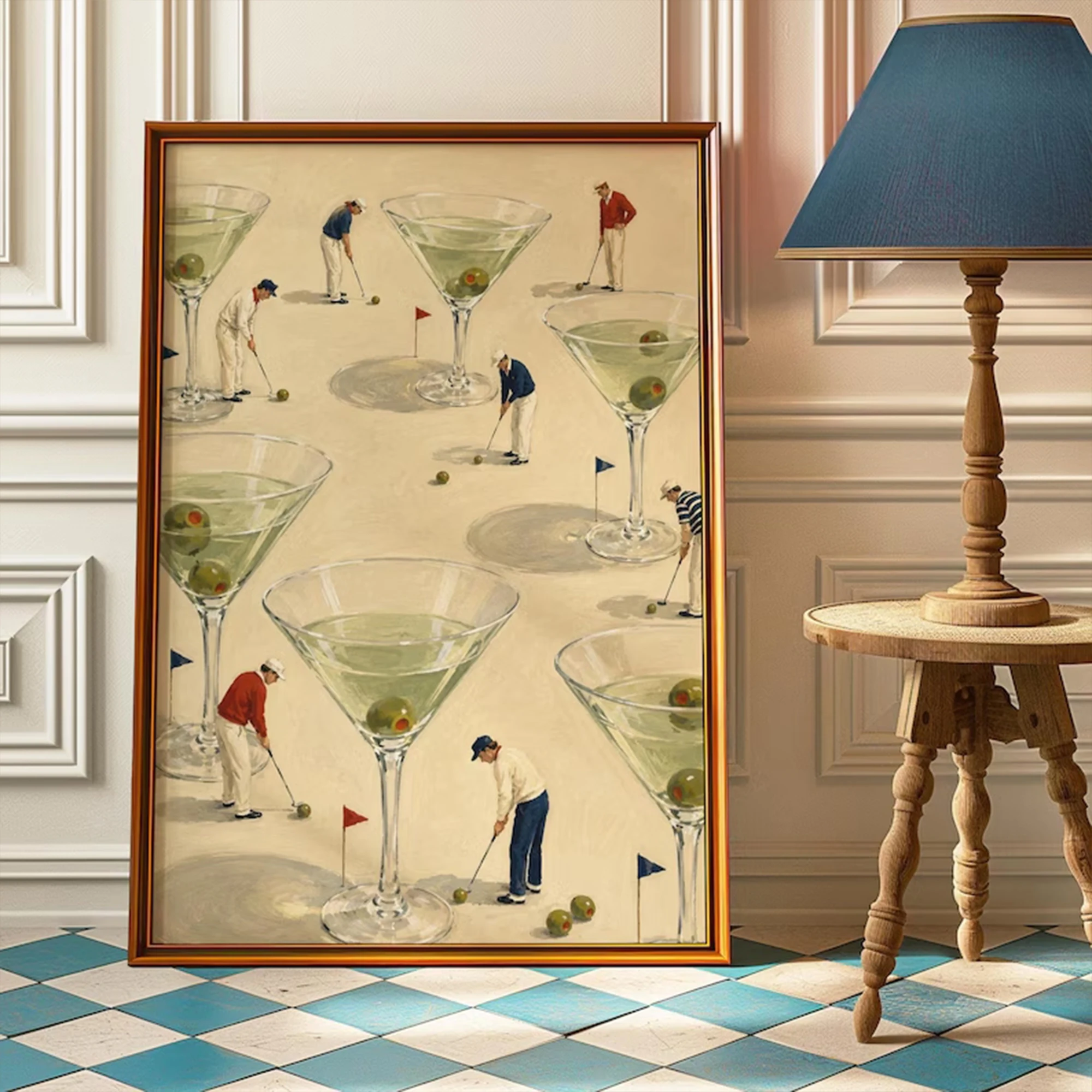Retro Surreal Martini Golf  Mini Golfer Cocktail Wall Art Print Canvas Painting Poster Picture For Living Room Home Decor