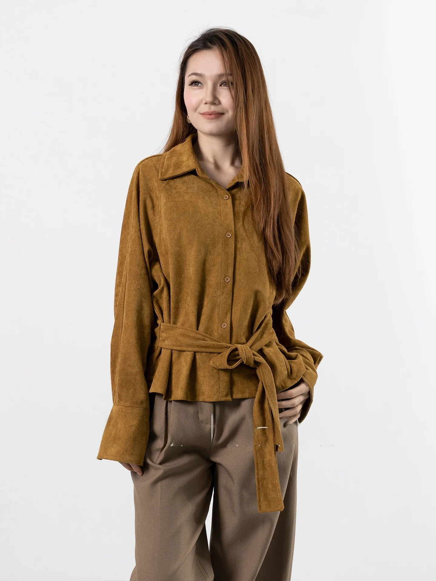 

DianThia Suede irt Women's Autumn Winter Sle Layering Belted Waist Cinch ort irt Vintage Flavored Long Sve Blouse