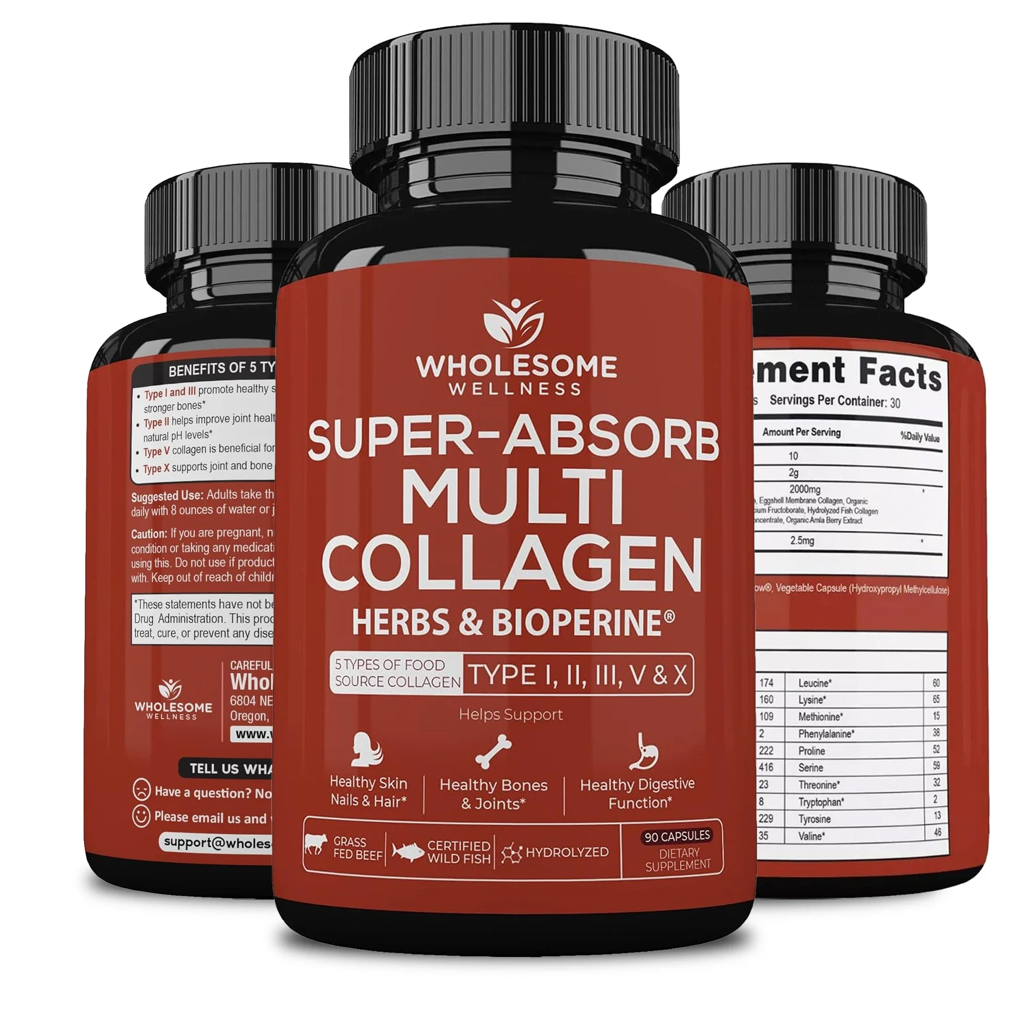 Super-Absorb Multi Collagen, Skin & Nail Health, Anti-Aging, Bone & Joint Health - Type I,II,III,V,X, Ashwagandha, BioPerine