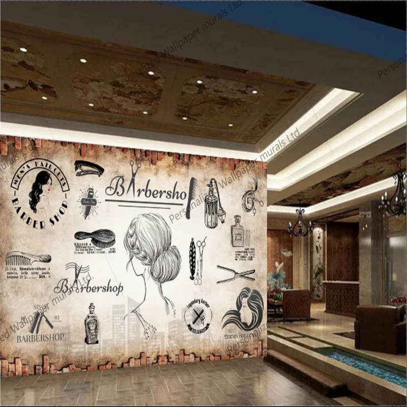 

European and American Antique Brick Wall Barber Shop Industrial Decor Background Mural Wallpaper Hair Salon Papel De Parede 3d