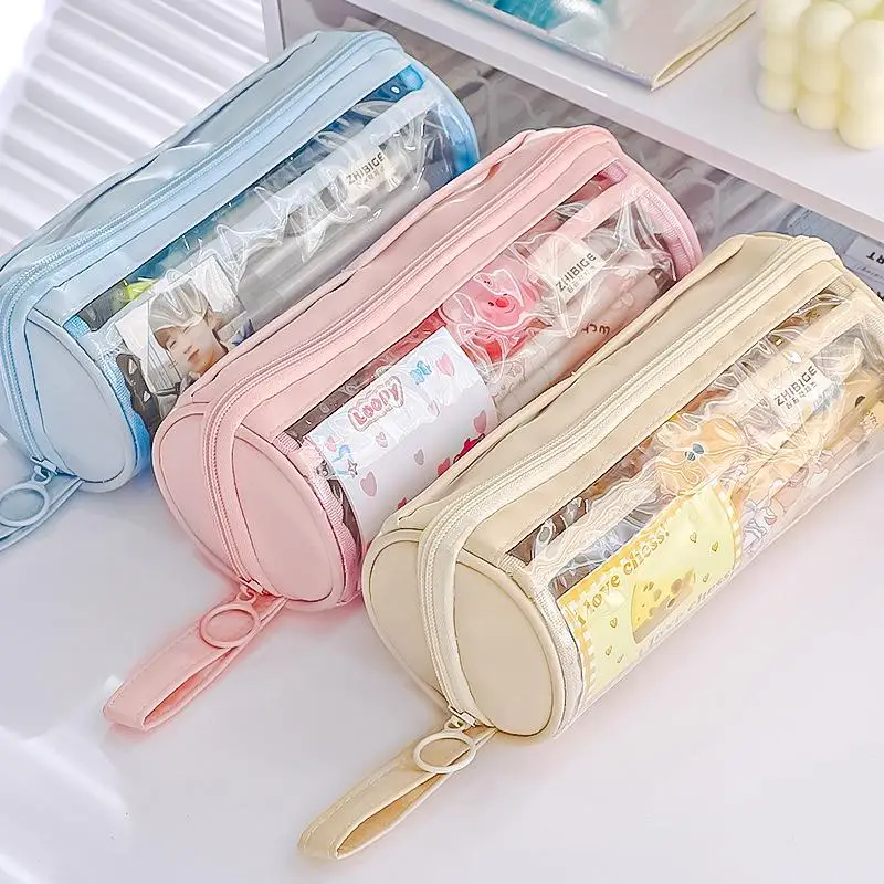 Cylinder Pencil Case Transparent Large Capacity Ring Zipper Storage Bag for School Office Backpack