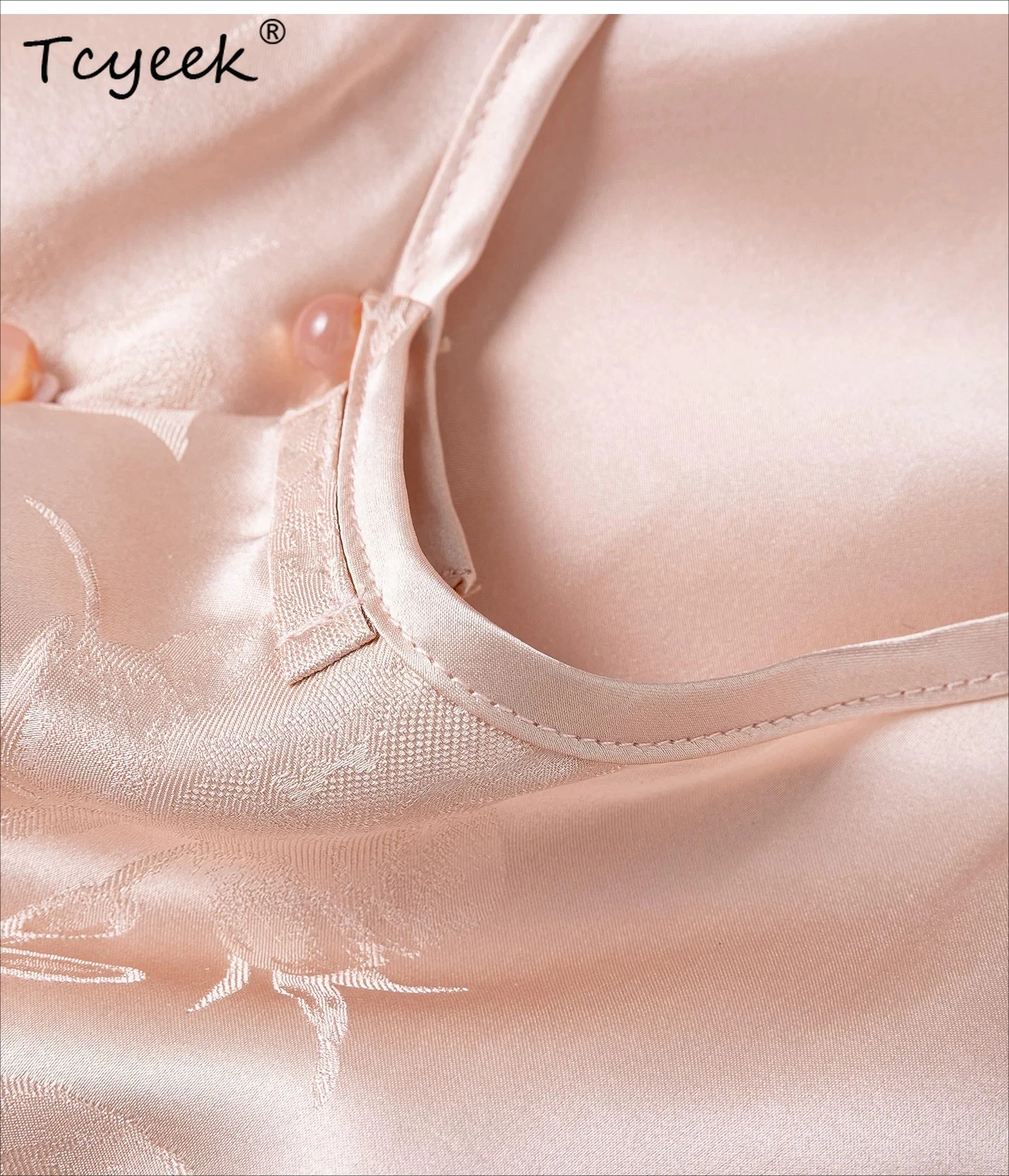 Tcyeek 100% Mulberry Real Silk Elegant T-shirts for Women Summer Clothes Skin-friendly Womens Tops Pink Jacquard Блузка Женска