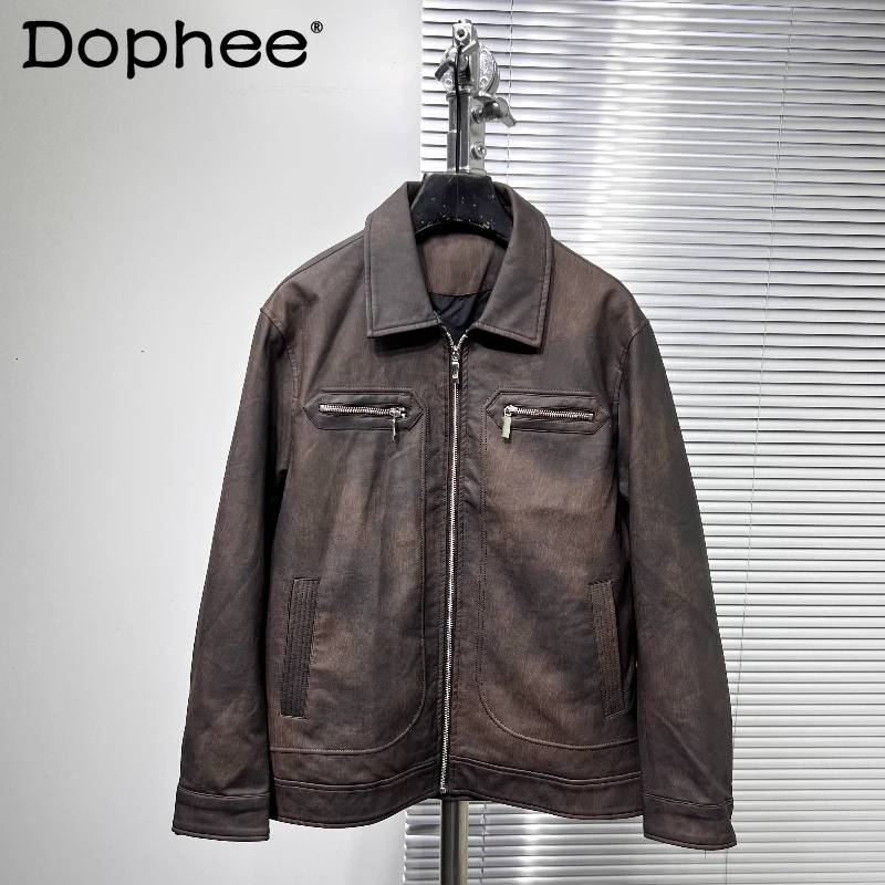 

Модные мужские кожаные куртки в стиле ретро с лацканами и молнией, осень 2022, новые модные стильные однотонные мотоциклетные кожаные куртки