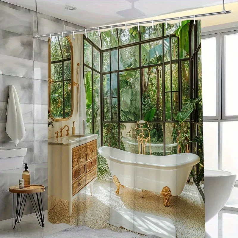 ~O~Vintage Tropical Garden Shower Curtain - Polyester, Fashion Theme, Washable, 12 Hooks, 70.8x70.8 Inches,Luxurious Bathroom De