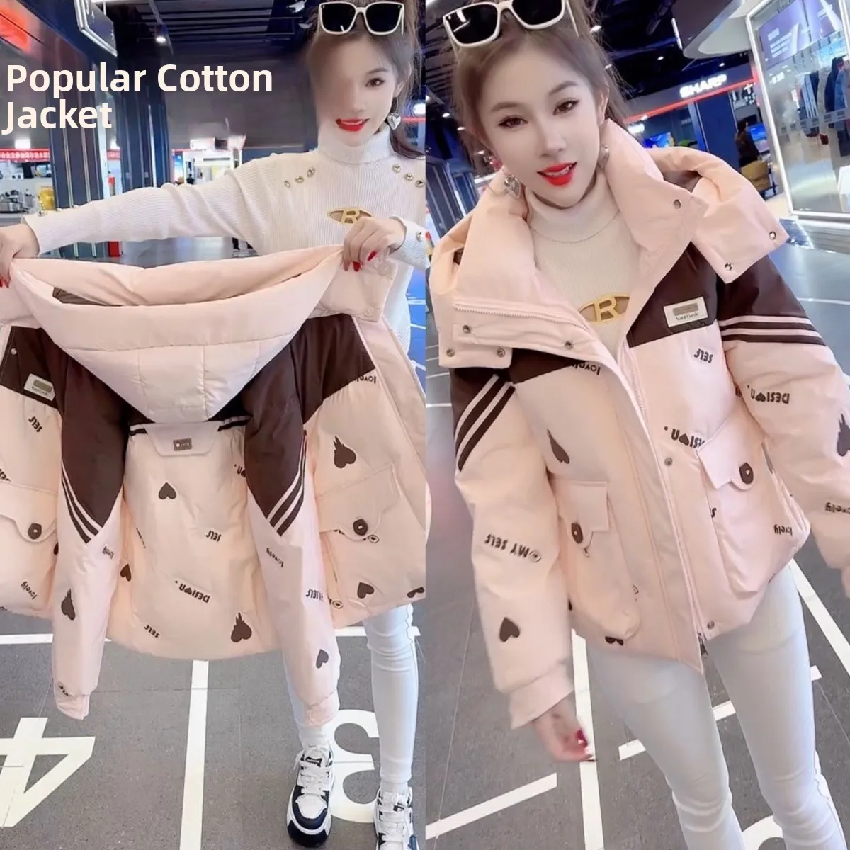 

Женская зимняя повседневная свободная утепленная куртка-пуховик из хлопка с цветными блоками, в корейском стиле, на молнии, с капюшоном, с длинными рукавами